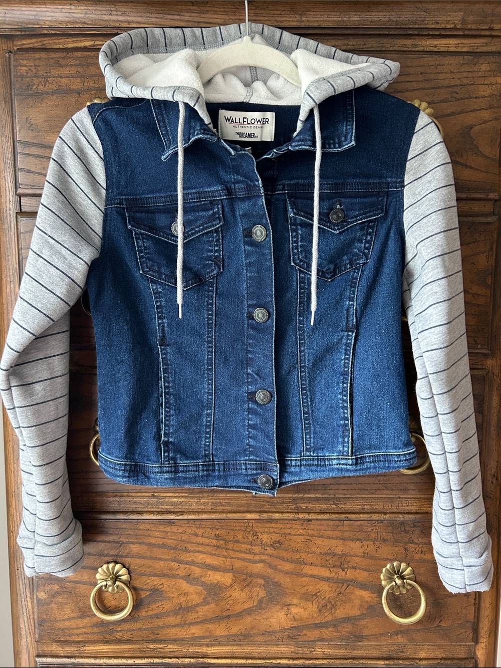 Wallflower Dark Blue Denim Jacket with Light Gray Striped Hoodie Sleeves, Size S